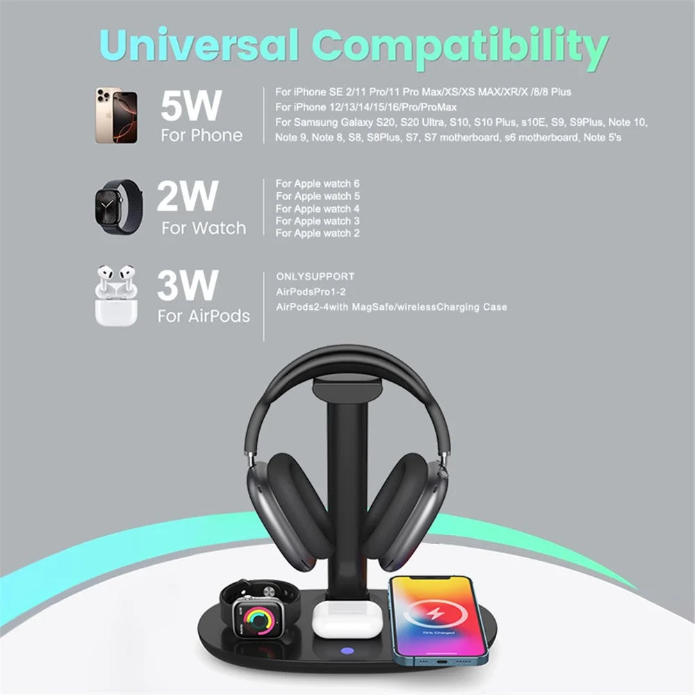 4-in-1 15W Wireless Charger Qi Fast Charging Dock Headset Holder for Apple Watch AirPods Mobile Phone - 6