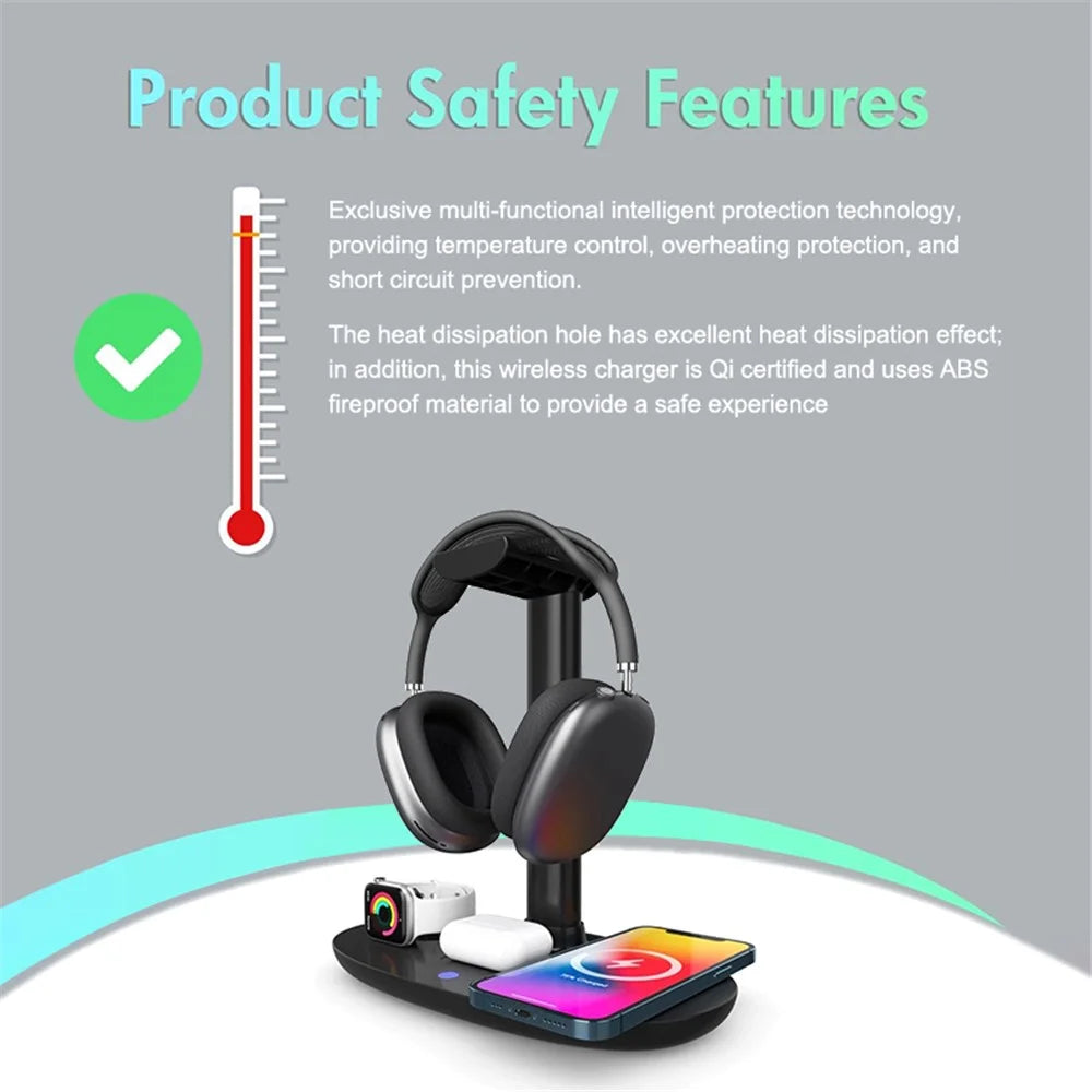 4-in-1 15W Wireless Charger Qi Fast Charging Dock Headset Holder for Apple Watch AirPods Mobile Phone - 7