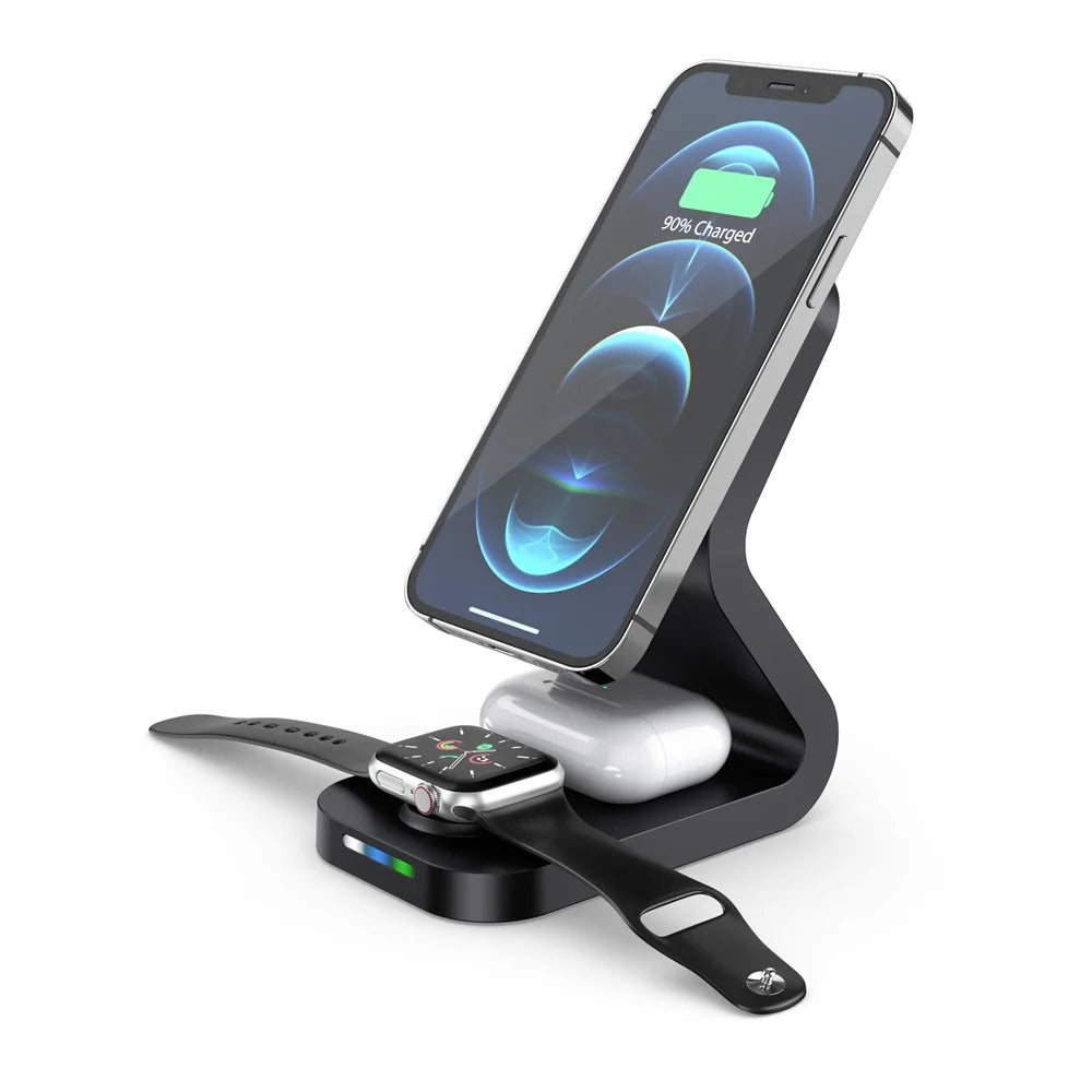 B16 15W 3-in-1 Qi Magnetic Wireless Charger Desktop Fast Charging Stand Dock for iPhone 12 Series/iWatch/AirPods Pro - Black - 2