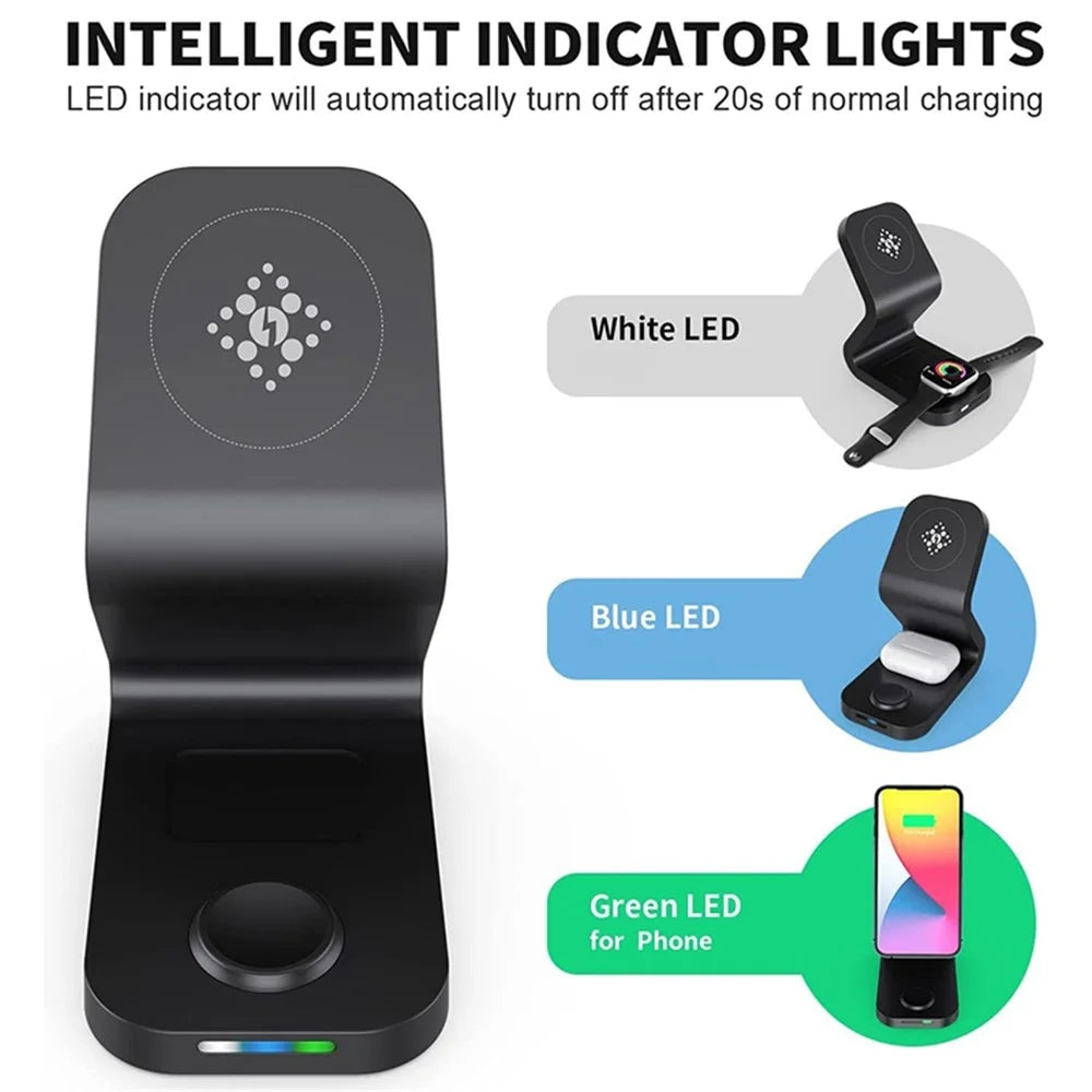 B16 15W 3-in-1 Qi Magnetic Wireless Charger Desktop Fast Charging Stand Dock for iPhone 12 Series/iWatch/AirPods Pro - Black - 3