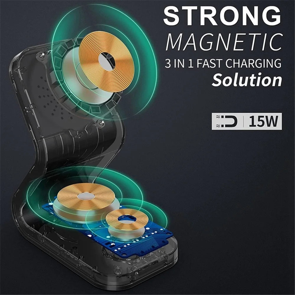 B16 15W 3-in-1 Qi Magnetic Wireless Charger Desktop Fast Charging Stand Dock for iPhone 12 Series/iWatch/AirPods Pro - Black - 4