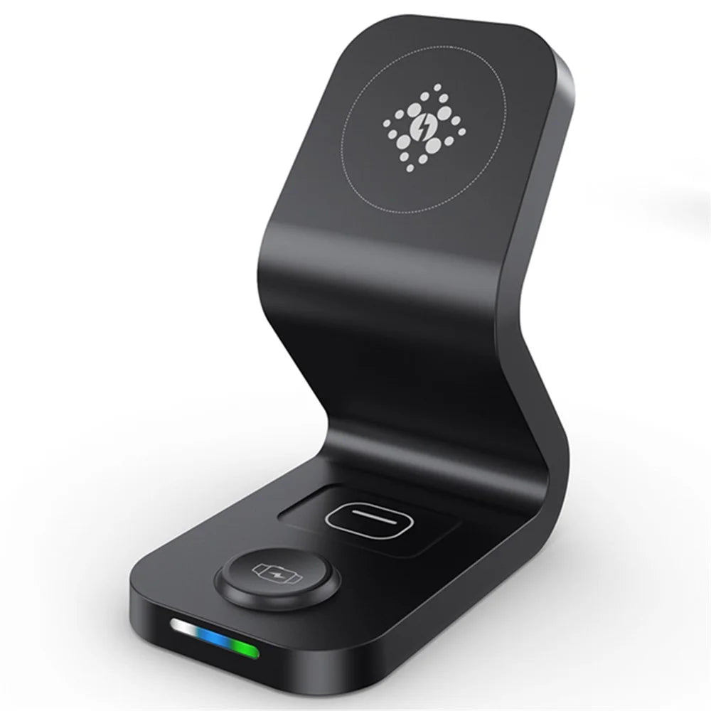 B16 15W 3-in-1 Qi Magnetic Wireless Charger Desktop Fast Charging Stand Dock for iPhone 12 Series/iWatch/AirPods Pro - Black - 6