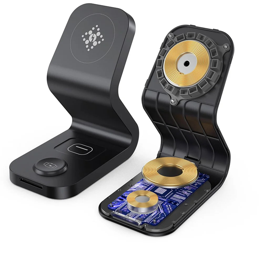 B16 15W 3-in-1 Qi Magnetic Wireless Charger Desktop Fast Charging Stand Dock for iPhone 12 Series/iWatch/AirPods Pro - Black - 7