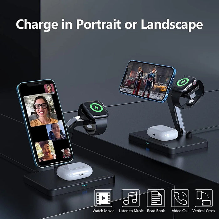 GY-Z9T 4-in-1 Magnetic Wireless Charging Dock Cradle Charger Stand for iPhone 12 Series/Apple Watch/AirPods/Apple Pencil - Black - 4