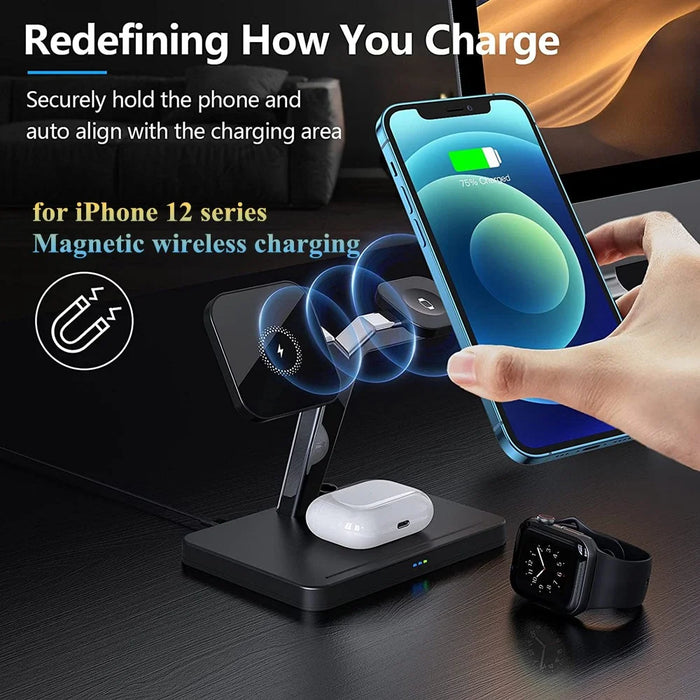GY-Z9T 4-in-1 Magnetic Wireless Charging Dock Cradle Charger Stand for iPhone 12 Series/Apple Watch/AirPods/Apple Pencil - Black - 7