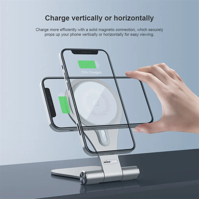 NILLKIN NKT11 Foldable Magnetic Wireless Fast Charger Phone Charging Stand Mount for iPhone - Silver - 6