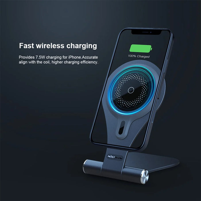 NILLKIN NKT11 Foldable Magnetic Wireless Fast Charger Phone Charging Stand Mount for iPhone - Silver - 7
