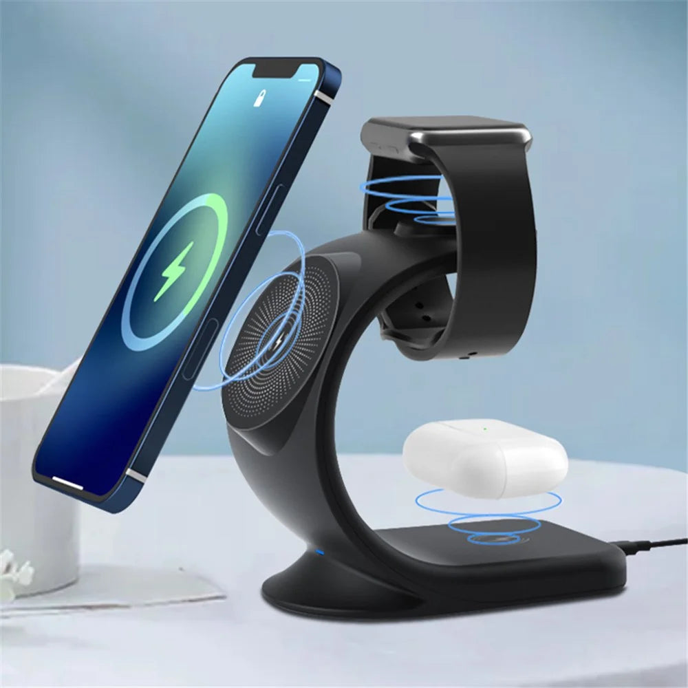 OJD-83 3-in-1 15W Magnetic Wireless Charger Desktop Charging Stand Dock for iPhone 12 Series Apple Watch AirPods - White - 3