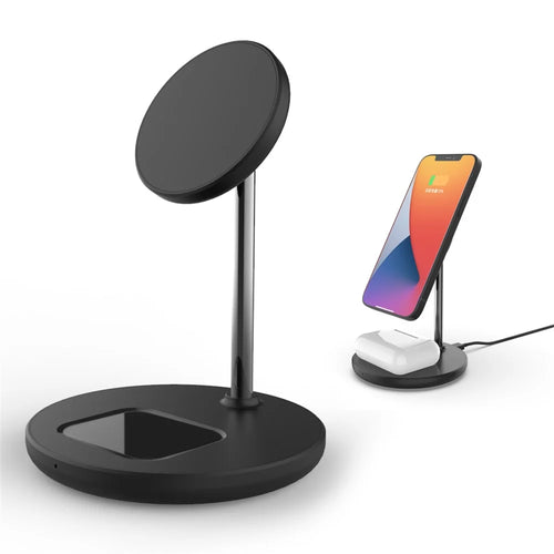 QX720 2 in 1 15W Fast Charging Magnetic Wireless Charger Stand for iPhone AirPods - Black - 1