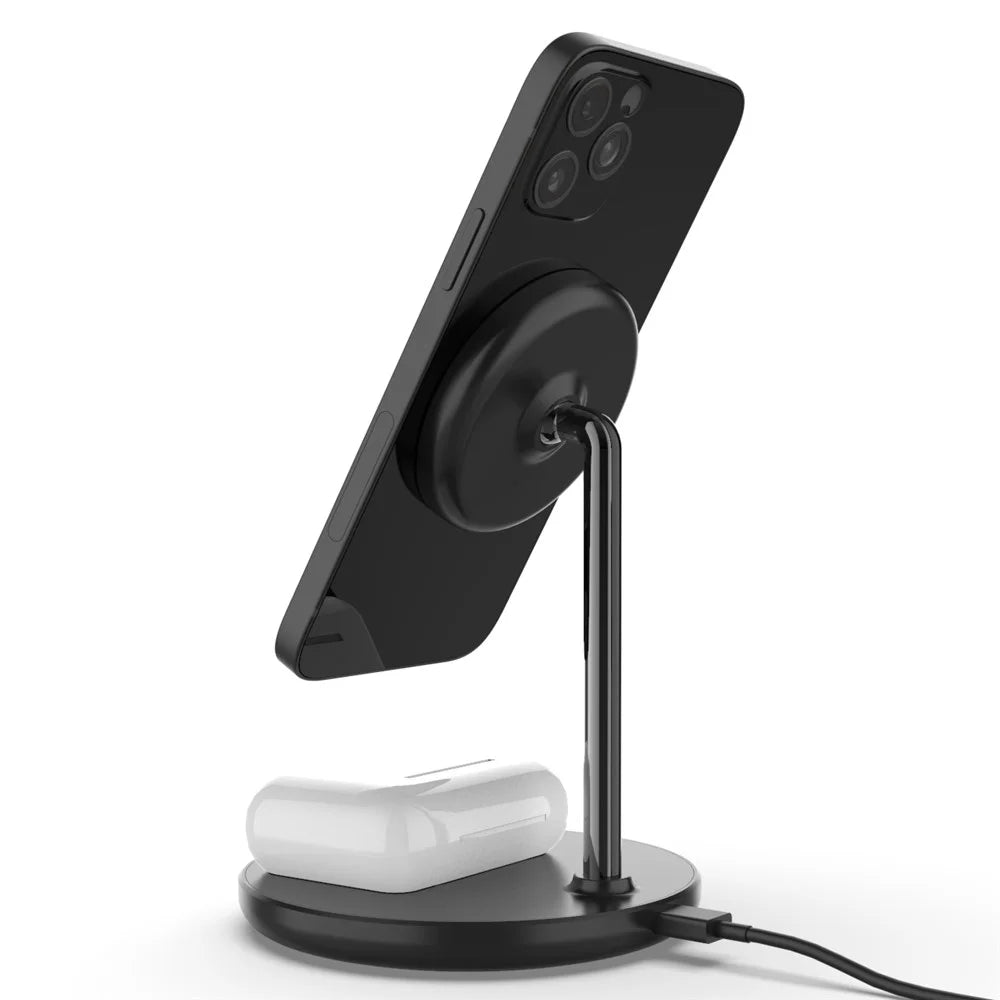 QX720 2 in 1 15W Fast Charging Magnetic Wireless Charger Stand for iPhone AirPods - Black - 6