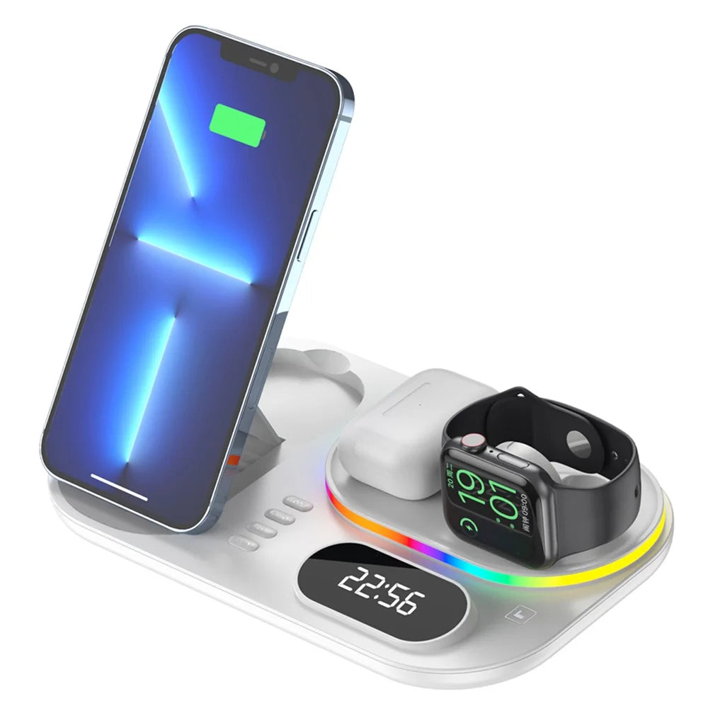 A06 4 in 1 Mobile Phone Charging Dock Multi-Functional Wireless Charger with Clock Display / RGB Light (For Apple) - White - 1