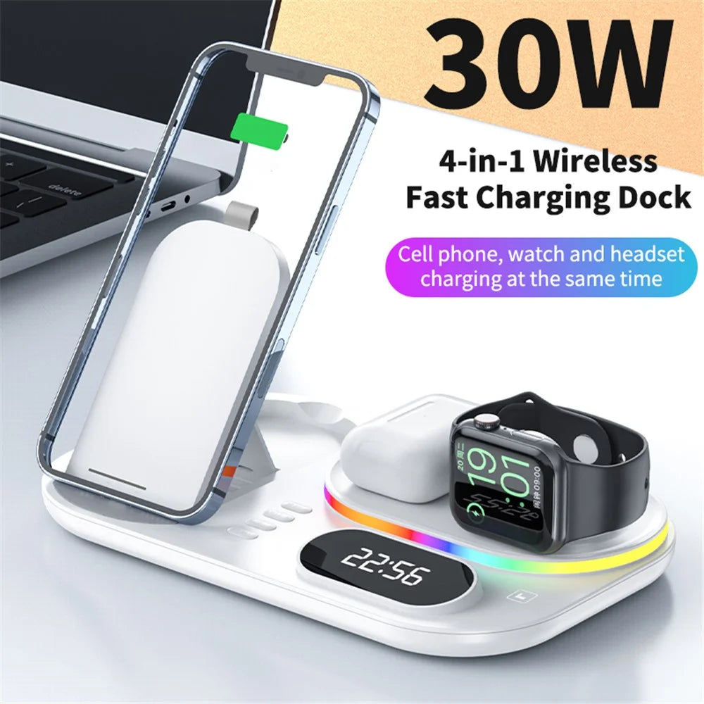 A06 4 in 1 Mobile Phone Charging Dock Multi-Functional Wireless Charger with Clock Display / RGB Light (For Apple) - White - 2