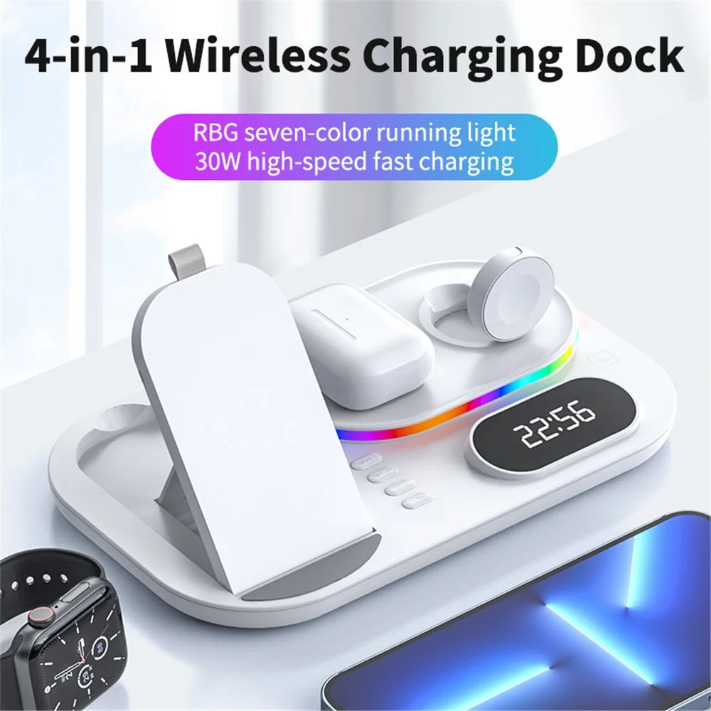 A06 4 in 1 Mobile Phone Charging Dock Multi-Functional Wireless Charger with Clock Display / RGB Light (For Apple) - White - 3