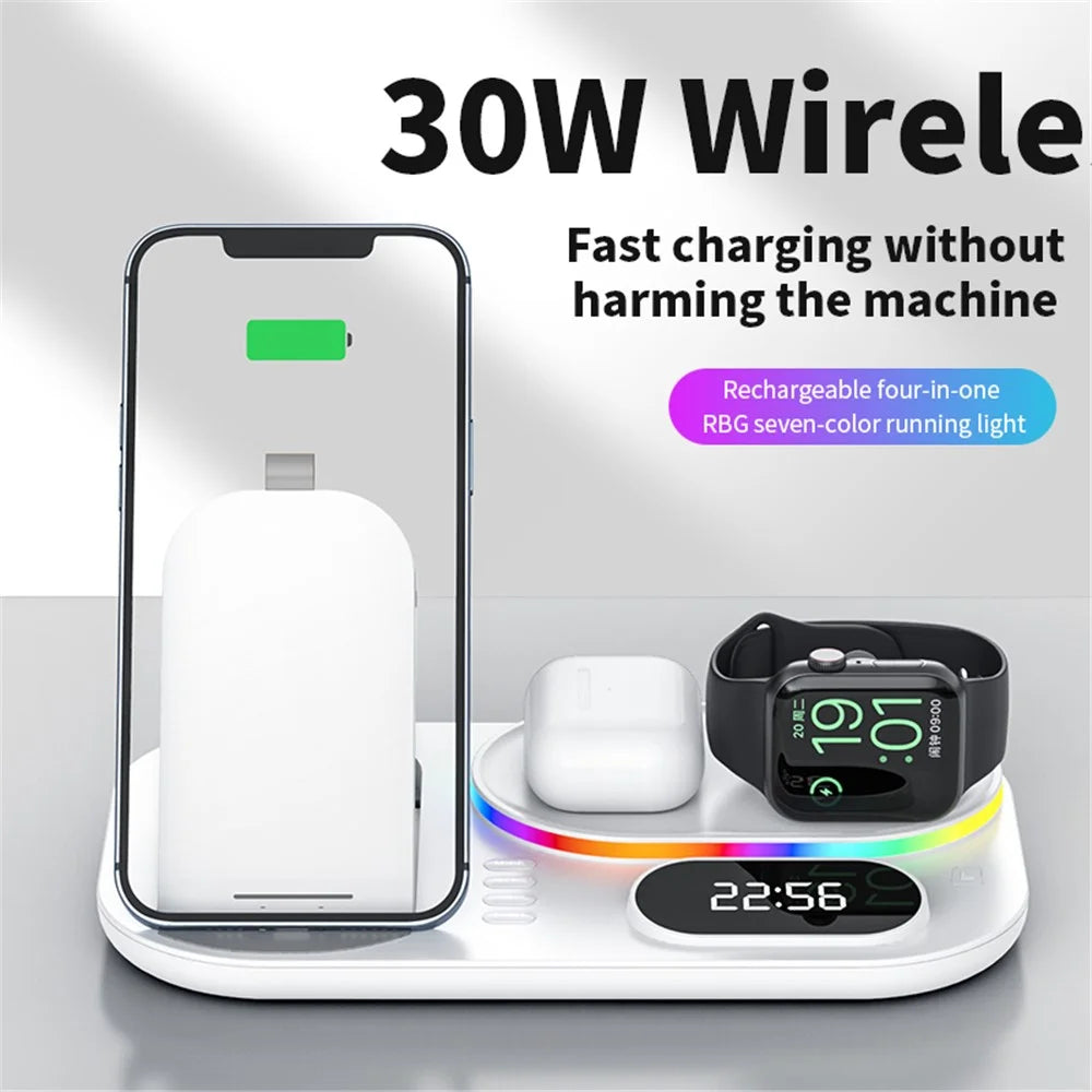 A06 4 in 1 Mobile Phone Charging Dock Multi-Functional Wireless Charger with Clock Display / RGB Light (For Apple) - White - 4