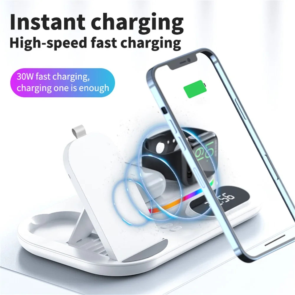 A06 4 in 1 Mobile Phone Charging Dock Multi-Functional Wireless Charger with Clock Display / RGB Light (For Apple) - White - 5