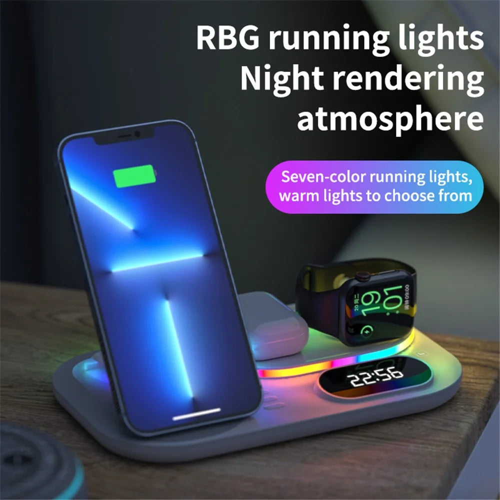 A06 4 in 1 Mobile Phone Charging Dock Multi-Functional Wireless Charger with Clock Display / RGB Light (For Apple) - White - 6