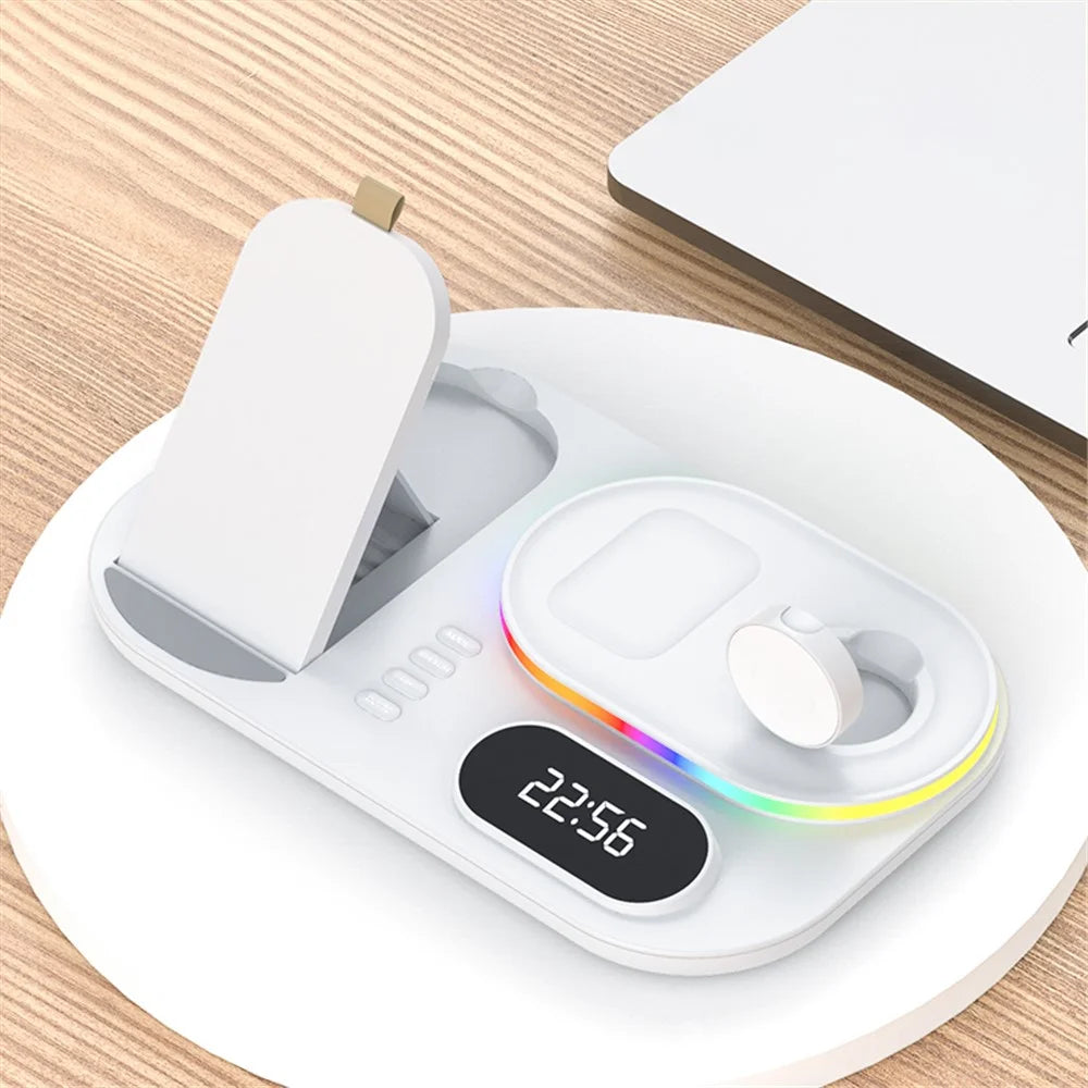 A06 4 in 1 Mobile Phone Charging Dock Multi-Functional Wireless Charger with Clock Display / RGB Light (For Apple) - White - 7