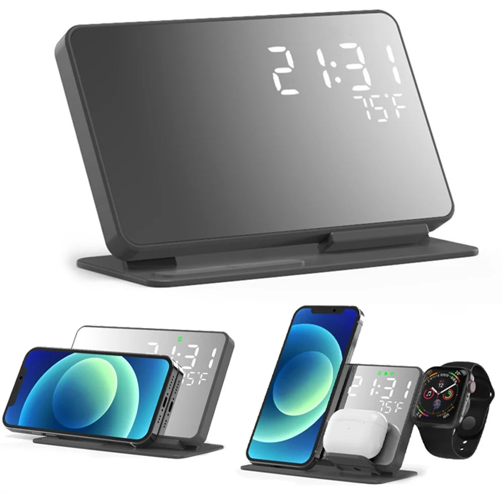 4 in 1 LED Digital Temperature Display Alarm Clock 15W Wireless Charger Stand - 1