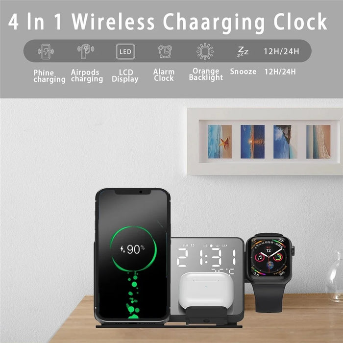 4 in 1 LED Digital Temperature Display Alarm Clock 15W Wireless Charger Stand - 5