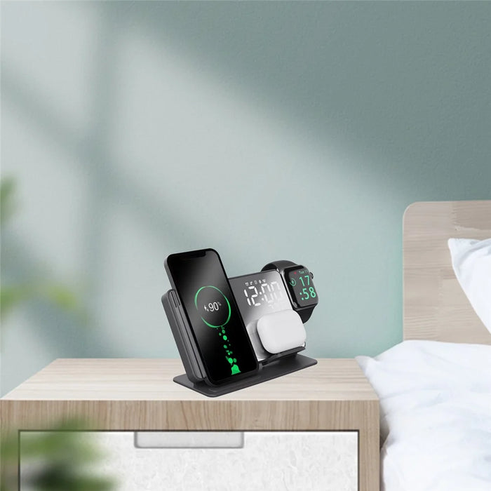 4 in 1 LED Digital Temperature Display Alarm Clock 15W Wireless Charger Stand - 7