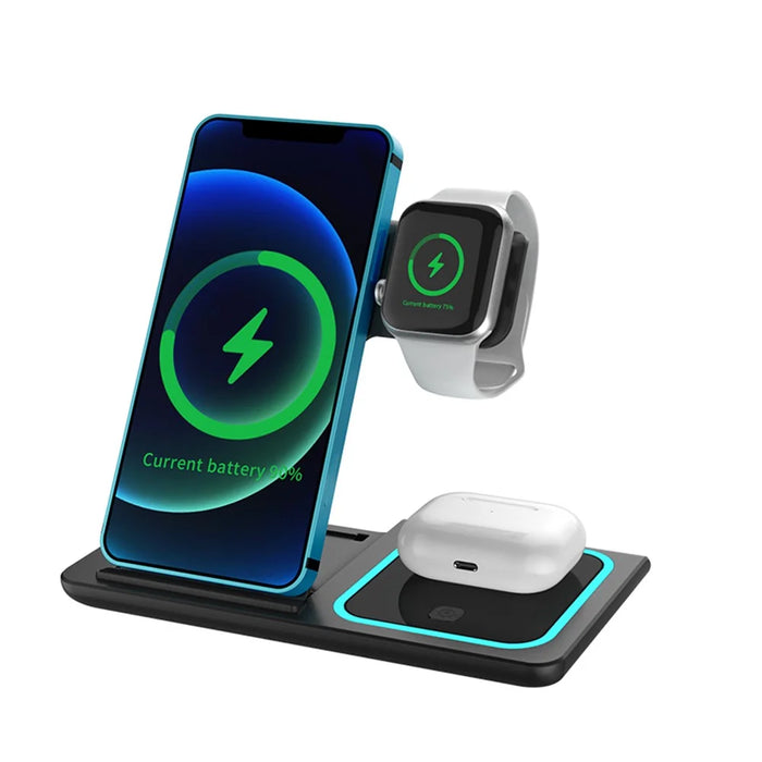 X455 Foldable 3-in-1 15W Wireless Charger Desktop Qi Fast Charging Stand Dock for iPhone Android iWatch AirPods - Black - 1