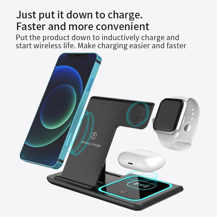 X455 Foldable 3-in-1 15W Wireless Charger Desktop Qi Fast Charging Stand Dock for iPhone Android iWatch AirPods - Black - 3