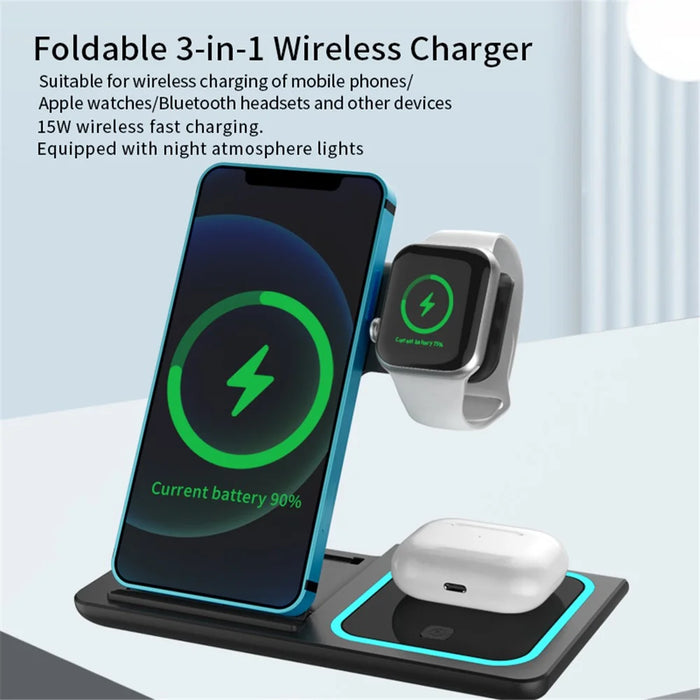 X455 Foldable 3-in-1 15W Wireless Charger Desktop Qi Fast Charging Stand Dock for iPhone Android iWatch AirPods - Black - 4