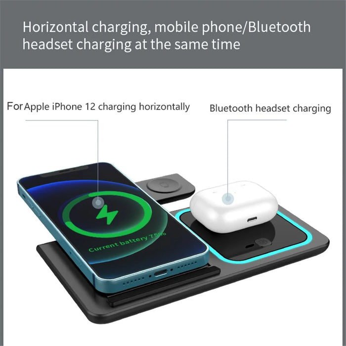 X455 Foldable 3-in-1 15W Wireless Charger Desktop Qi Fast Charging Stand Dock for iPhone Android iWatch AirPods - Black - 5