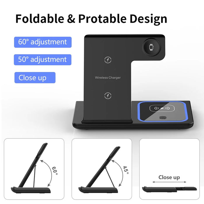 X455 Foldable 3-in-1 15W Wireless Charger Desktop Qi Fast Charging Stand Dock for iPhone Android iWatch AirPods - Black - 7