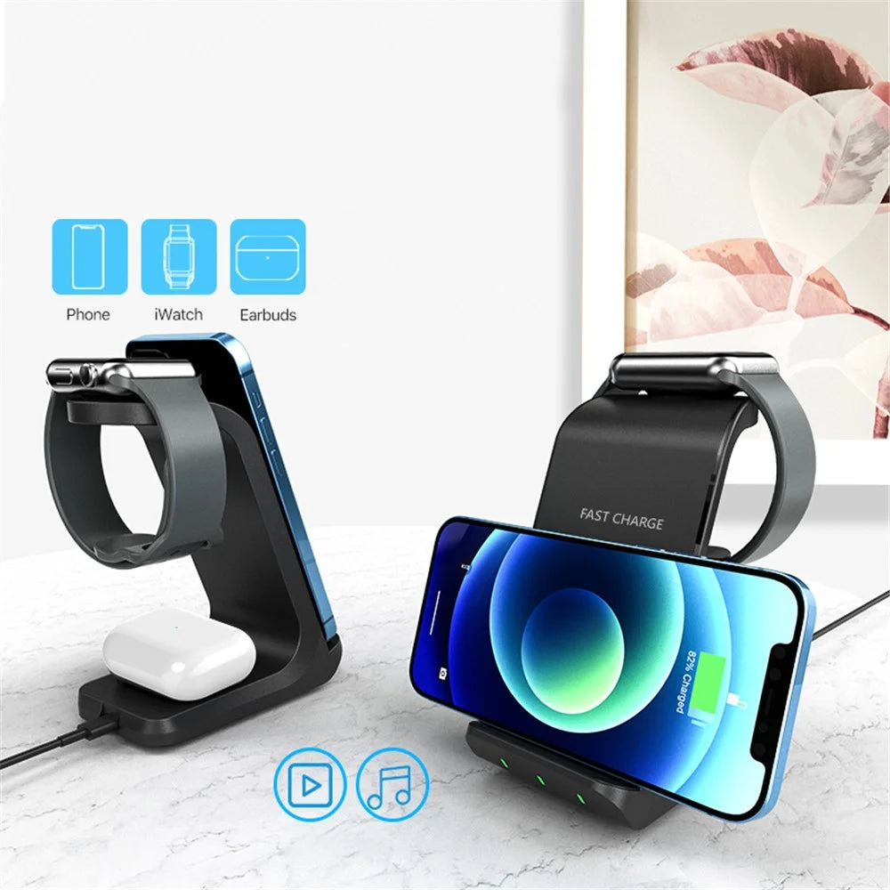 AK03 3-in-1 15W Wireless Charger Qi Fast Charging Stand Dock for iPhone Huawei Xiaomi iWatch AirPods Pro - 2