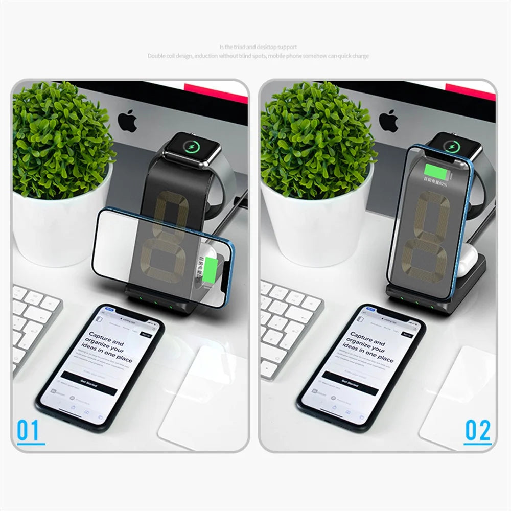 AK03 3-in-1 15W Wireless Charger Qi Fast Charging Stand Dock for iPhone Huawei Xiaomi iWatch AirPods Pro - 3