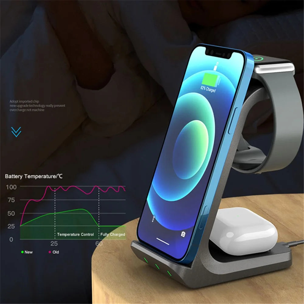 AK03 3-in-1 15W Wireless Charger Qi Fast Charging Stand Dock for iPhone Huawei Xiaomi iWatch AirPods Pro - 5