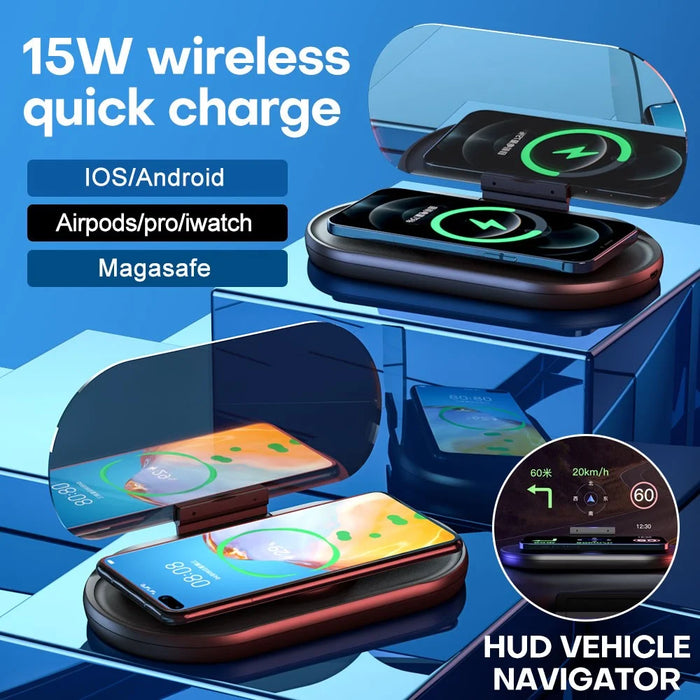 Upgraded Magnetic 15W Fast Charging Station HUD HD Anti-slip Car Wireless Charger with Phone Holder - 4