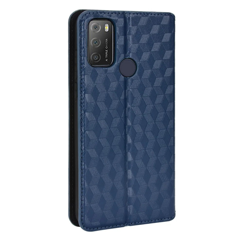 Full Protection PU Leather + TPU Phone Case Imprinting 3D Rhombus Magnetic Closure Mobile Cover for Alcatel 1S (2021)/Alcatel 3L (2021)/TCL 20Y/6125F/TCL 20E - Blue - 6