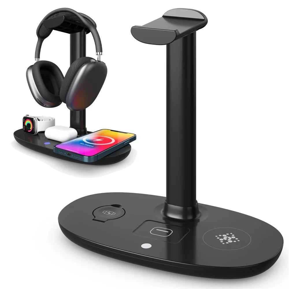 B-15A 4-in-1 Wireless Charger Headset Hanger QC 3.0 Charging Station Headset Holder for Smartphones/Smartwatch/Earbuds/Headset - 1