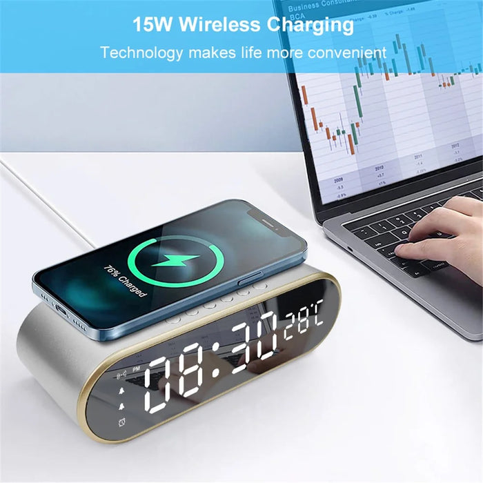 W628 Alarm Clock 15W Wireless Charger Thermometer Calendar Snooze Functions Alarm - Silver - 2