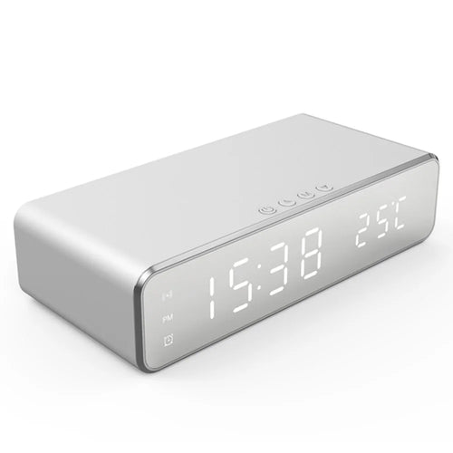 HYY-WX03 Multifunctional Desktop LED Digital Display Alarm Clock Mirror Surface Thermometer with Wireless Charger Function - Silver - 1