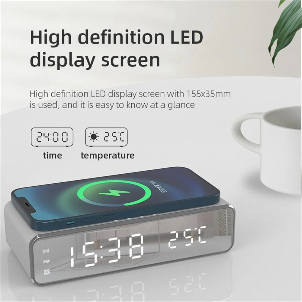 HYY-WX03 Multifunctional Desktop LED Digital Display Alarm Clock Mirror Surface Thermometer with Wireless Charger Function - Silver - 2