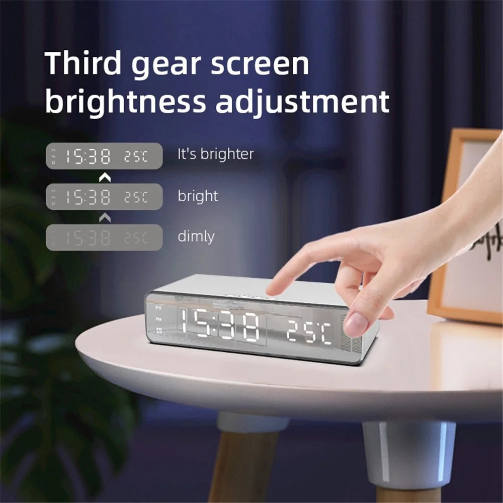 HYY-WX03 Multifunctional Desktop LED Digital Display Alarm Clock Mirror Surface Thermometer with Wireless Charger Function - Silver - 3