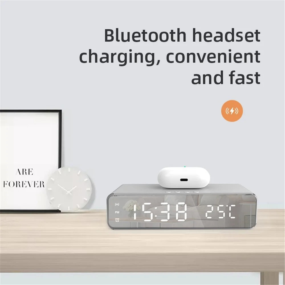 HYY-WX03 Multifunctional Desktop LED Digital Display Alarm Clock Mirror Surface Thermometer with Wireless Charger Function - Silver - 4