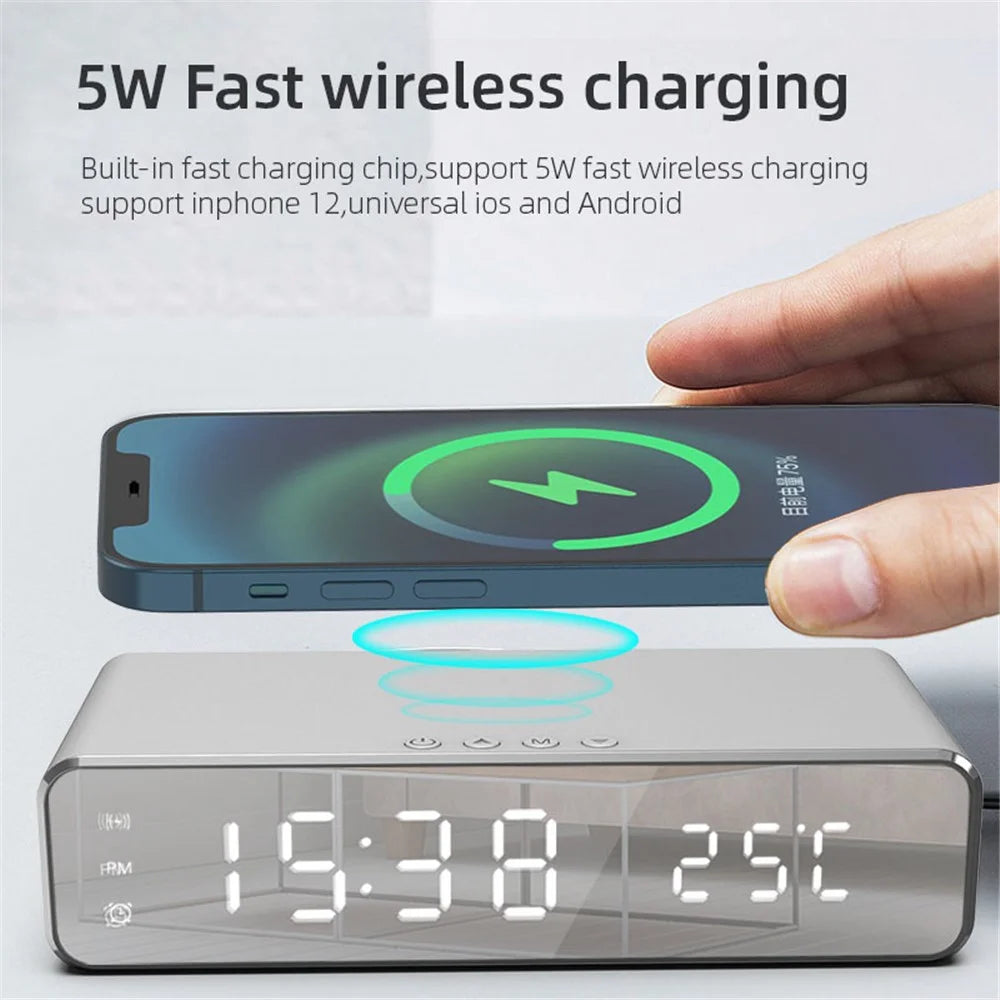 HYY-WX03 Multifunctional Desktop LED Digital Display Alarm Clock Mirror Surface Thermometer with Wireless Charger Function - Silver - 5