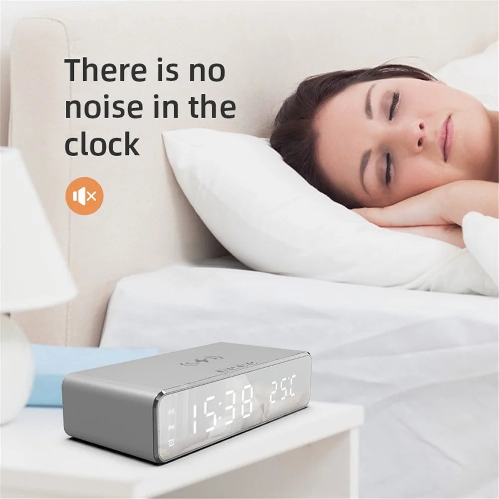 HYY-WX03 Multifunctional Desktop LED Digital Display Alarm Clock Mirror Surface Thermometer with Wireless Charger Function - Silver - 6