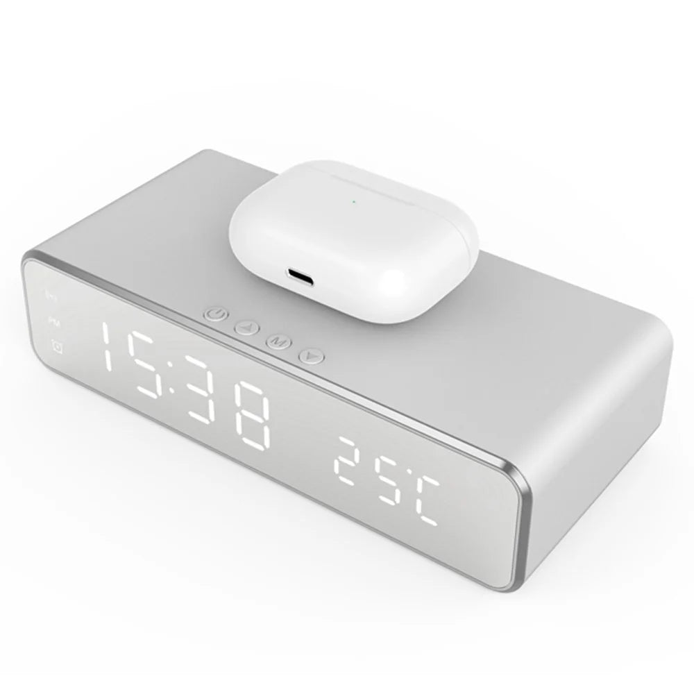 HYY-WX03 Multifunctional Desktop LED Digital Display Alarm Clock Mirror Surface Thermometer with Wireless Charger Function - Silver - 7