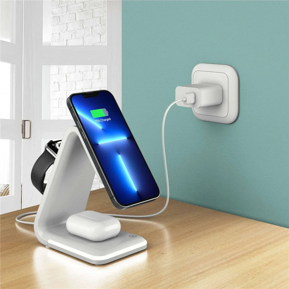 B-17 3-in-1 15W FOD Intelligent Identify Wireless Charger with Smart Security Protection Wireless Charging Desktop Stand for Smartphone/Smart Watch/Earphones - White - 2