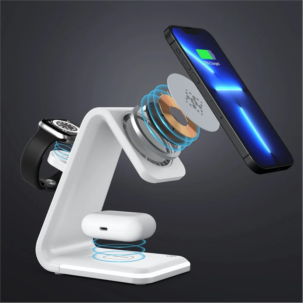B-17 3-in-1 15W FOD Intelligent Identify Wireless Charger with Smart Security Protection Wireless Charging Desktop Stand for Smartphone/Smart Watch/Earphones - White - 3