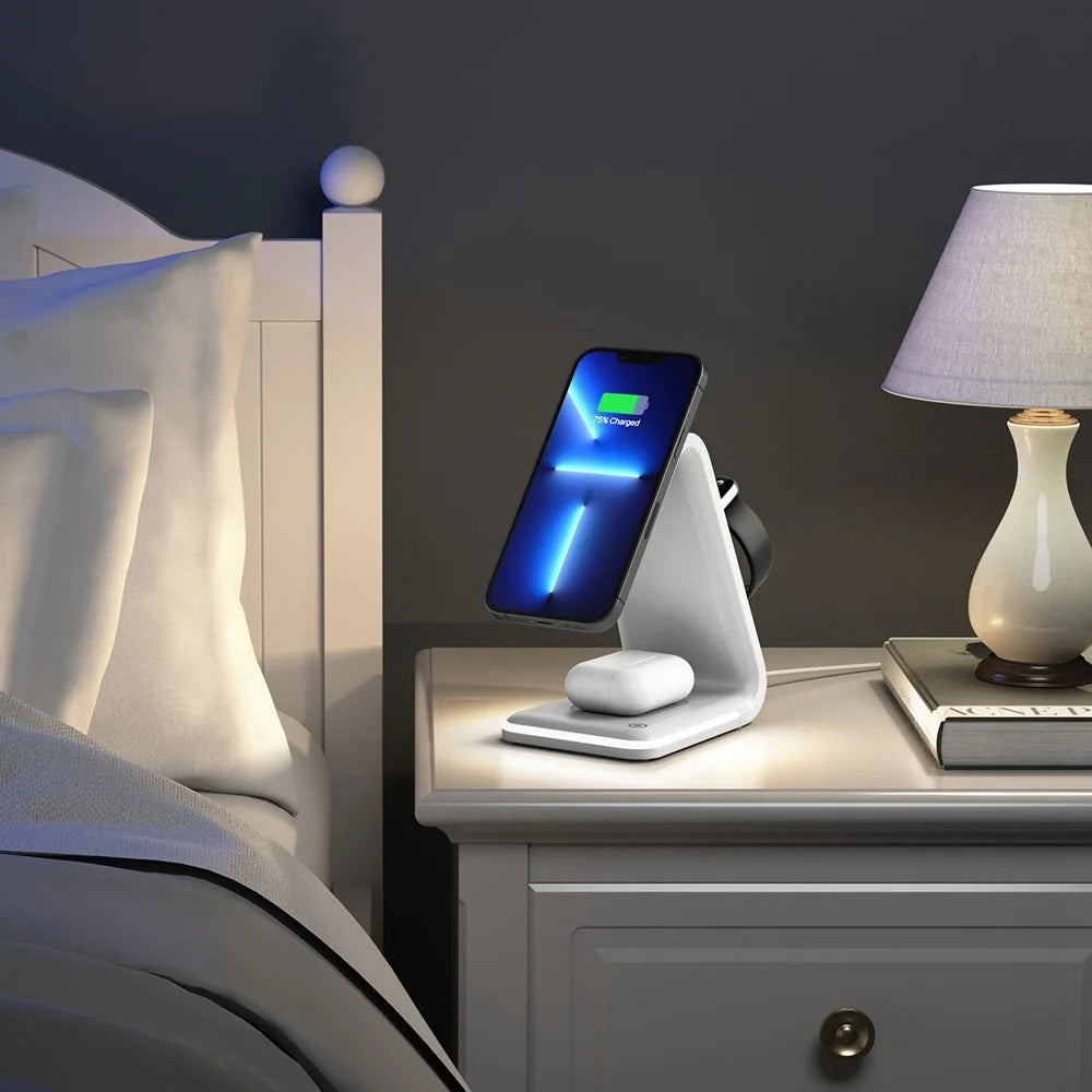 B-17 3-in-1 15W FOD Intelligent Identify Wireless Charger with Smart Security Protection Wireless Charging Desktop Stand for Smartphone/Smart Watch/Earphones - White - 5