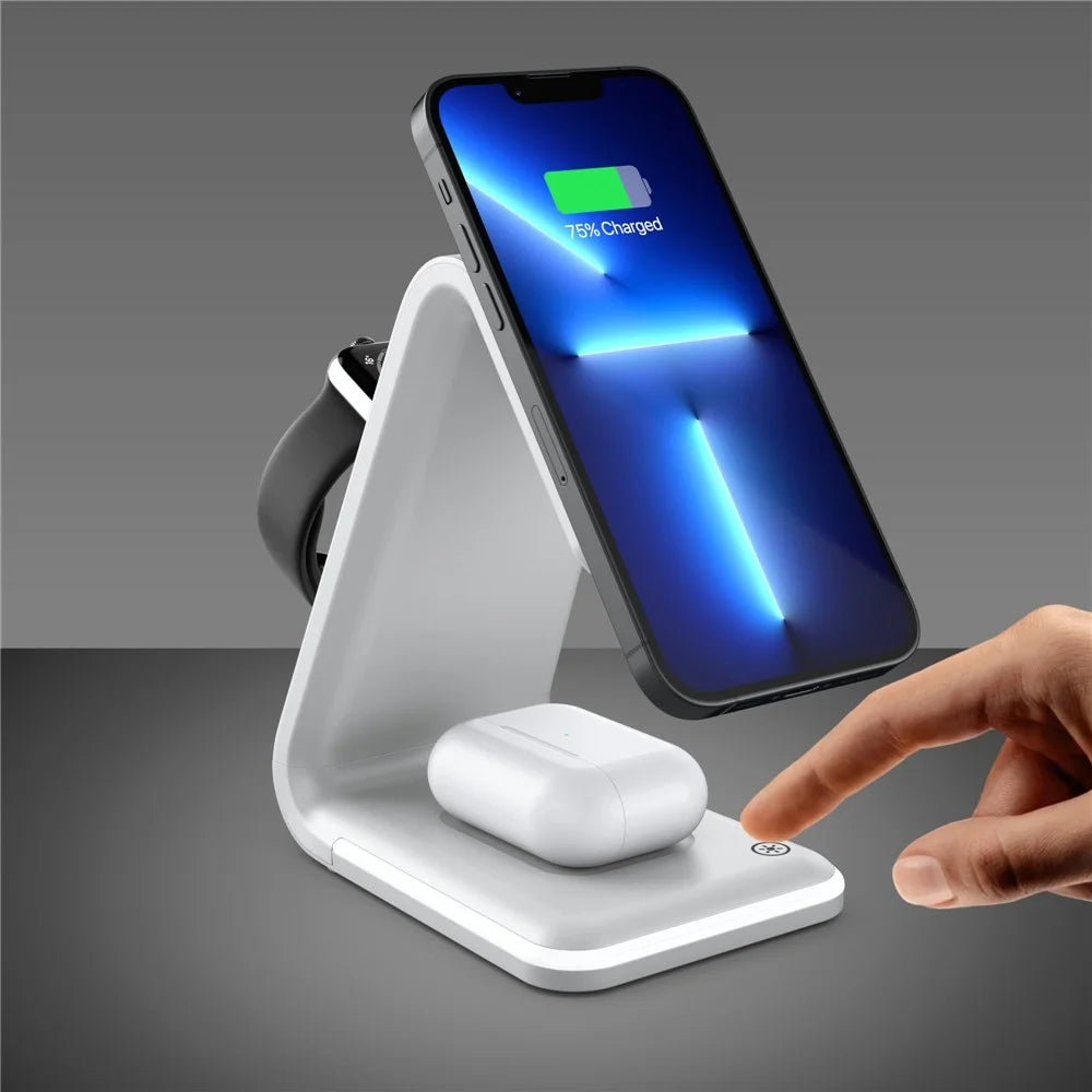 B-17 3-in-1 15W FOD Intelligent Identify Wireless Charger with Smart Security Protection Wireless Charging Desktop Stand for Smartphone/Smart Watch/Earphones - White - 7