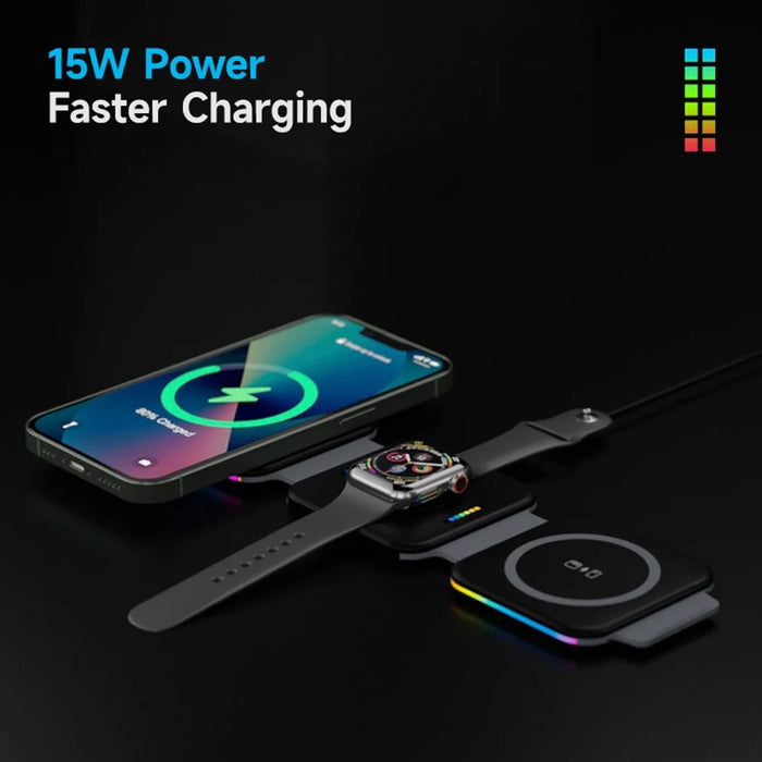 F21 Foldable 3-in-1 Multi-Function 15W Magnetic Wireless Charger with Flashy Atmosphere Light Wireless Charging Station - White - 2