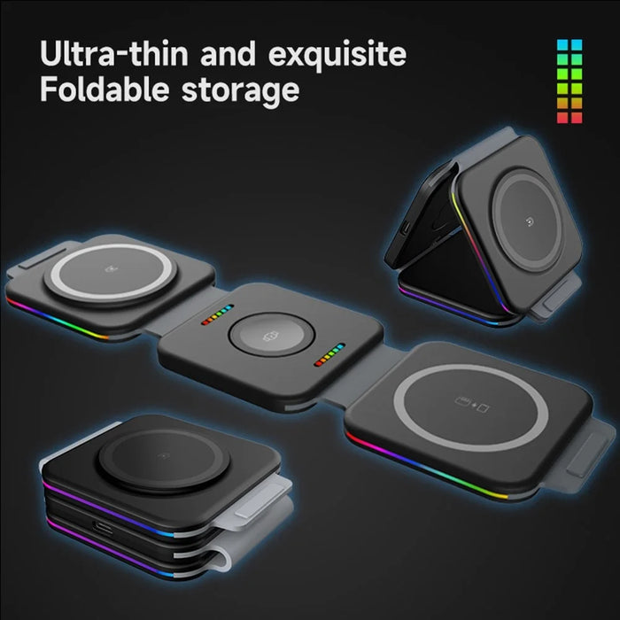 F21 Foldable 3-in-1 Multi-Function 15W Magnetic Wireless Charger with Flashy Atmosphere Light Wireless Charging Station - White - 3