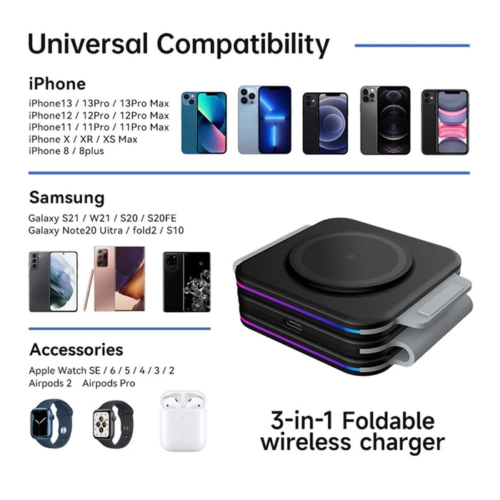 F21 Foldable 3-in-1 Multi-Function 15W Magnetic Wireless Charger with Flashy Atmosphere Light Wireless Charging Station - White - 5